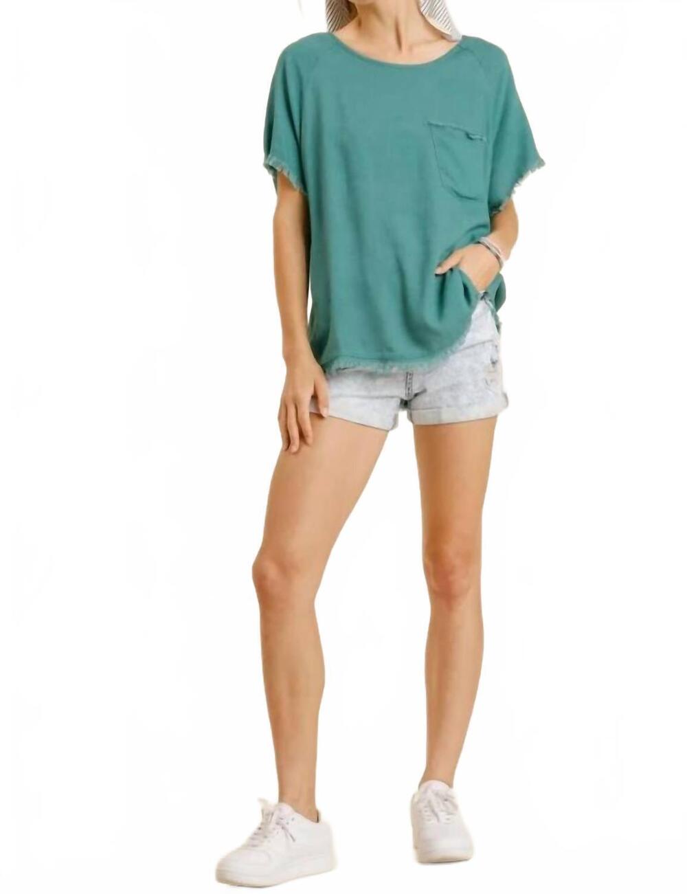 NEW UMGEE hazel casual raw edge top with pocket in jade